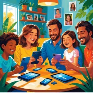 A happy family using digital devices