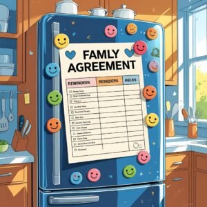 Agreement sheet on a fridge.