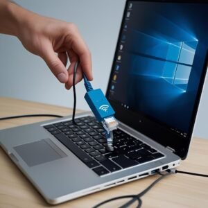 pulling out an Ethernet cable from a laptop