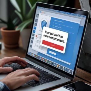 Warning pop-up on a laptop screen: 'Your account has been compromised.
