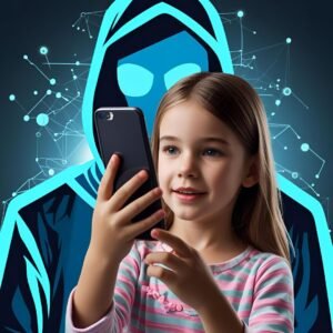 A child using a mobile phone, unaware that a hacker is silently watching in the background.