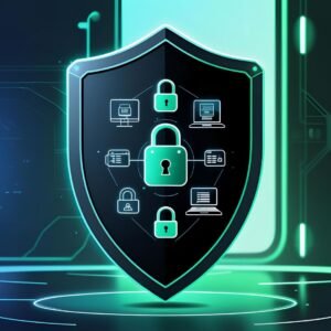 Cybersecurity shield protecting digital data