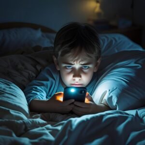 mobile screen glowing in the dark, eyes strained.