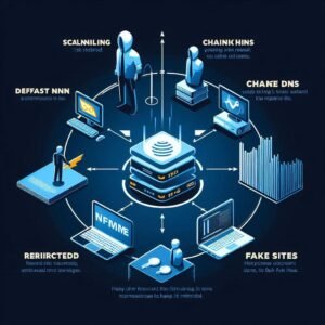 Flow diagram from attacker to router to poisoned DNS to victim devices.