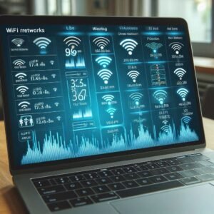 Laptop showing a long list of WiFi networks with varying signal strength