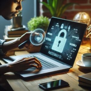 Person securing a home router with a strong password on a laptop