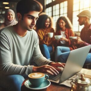 Person using a laptop on café Wi-Fi