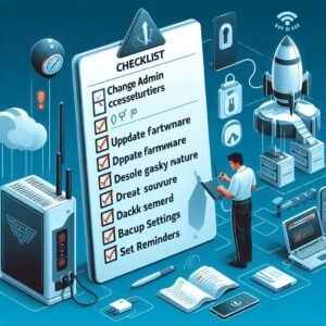 Checklist graphic showing change admin credentials, update firmware, disable risky features, create guest network, backup settings, set reminders.