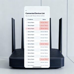 Router dashboard showing list of connected devices identifying unknown entries is the first step of your security audit.