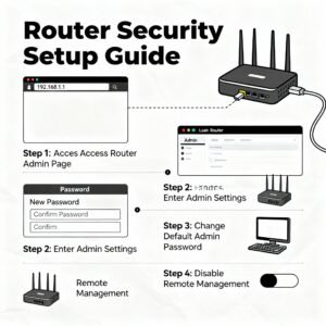 Changing the default admin password and disabling remote management prevents unauthorized router access.
