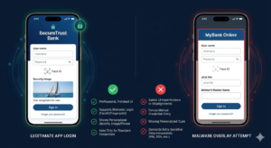 Overlay attacks work by placing a pixel-perfect fake login screen on top of your real banking app. The user sees no difference, but their credentials are sent directly to attackers.