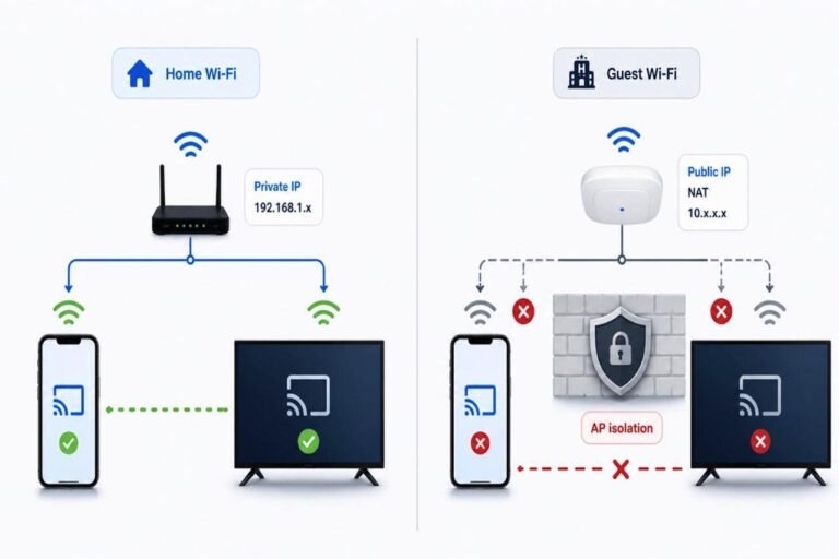 A modern home Wi-Fi router in the center, with two separate Wi-Fi networks